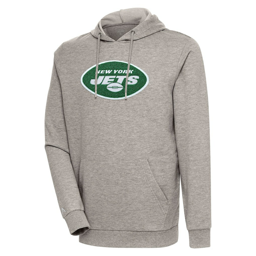 New York Jets Antigua Action Chenille Pullover Hoodie - Oatmeal - NFL