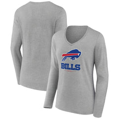 Buffalo Bills Women's Logo Team Lockup Long Sleeve V-Neck T-Shirt - Heather Gray - NFL