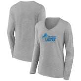 Detroit Lions Women's Logo Team Lockup Long Sleeve V-Neck T-Shirt - Heather Gray - NFL