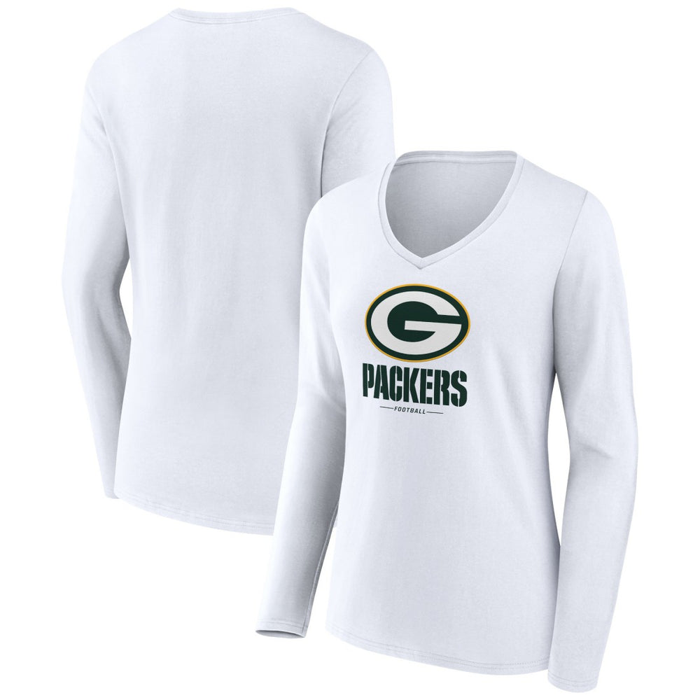 Green Bay Packers Women's Logo Team Lockup Long Sleeve V-Neck T-Shirt - White - NFL