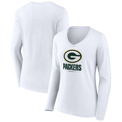 Green Bay Packers Women's Logo Team Lockup Long Sleeve V-Neck T-Shirt - White - NFL