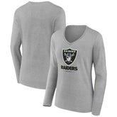 Las Vegas Raiders Women's Logo Team Lockup Long Sleeve V-Neck T-Shirt - Heather Gray - NFL
