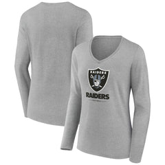 Las Vegas Raiders Women's Logo Team Lockup Long Sleeve V-Neck T-Shirt - Heather Gray - NFL