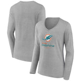 Miami Dolphins Women's Logo Team Lockup Long Sleeve V-Neck T-Shirt - Heather Gray - NFL