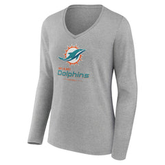 Miami Dolphins Women's Logo Team Lockup Long Sleeve V-Neck T-Shirt - Heather Gray - NFL