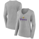 Minnesota Vikings Women's Logo Team Lockup Long Sleeve V-Neck T-Shirt - Heather Gray - NFL