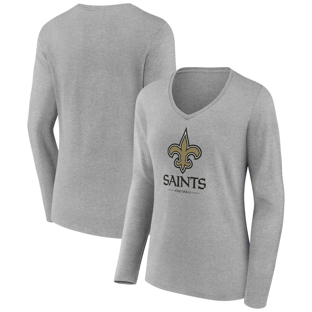 New Orleans Saints Women's Logo Team Lockup Long Sleeve V-Neck T-Shirt - Heather Gray - NFL
