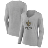 New Orleans Saints Women's Logo Team Lockup Long Sleeve V-Neck T-Shirt - Heather Gray - NFL