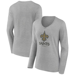 New Orleans Saints Women's Logo Team Lockup Long Sleeve V-Neck T-Shirt - Heather Gray - NFL