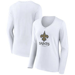 New Orleans Saints Women's Logo Team Lockup Long Sleeve V-Neck T-Shirt - White - NFL