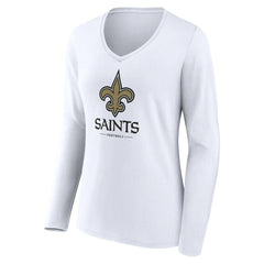 New Orleans Saints Women's Logo Team Lockup Long Sleeve V-Neck T-Shirt - White - NFL