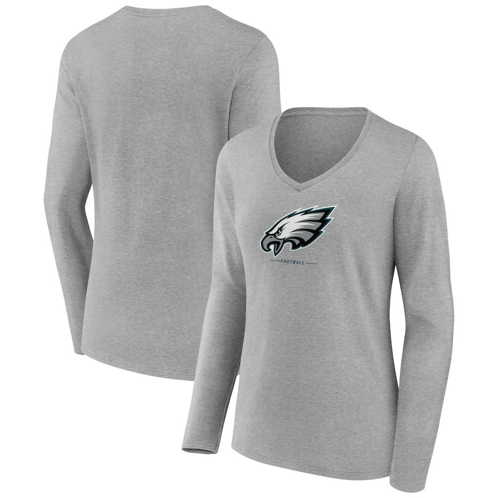 Philadelphia Eagles Women's Logo Team Lockup Long Sleeve V-Neck T-Shirt - Heather Gray - NFL