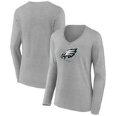 Philadelphia Eagles Women's Logo Team Lockup Long Sleeve V-Neck T-Shirt - Heather Gray - NFL