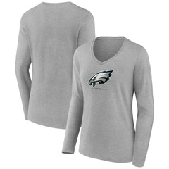 Philadelphia Eagles Women's Logo Team Lockup Long Sleeve V-Neck T-Shirt - Heather Gray - NFL