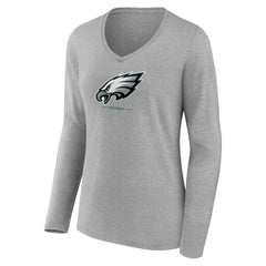 Philadelphia Eagles Women's Logo Team Lockup Long Sleeve V-Neck T-Shirt - Heather Gray - NFL