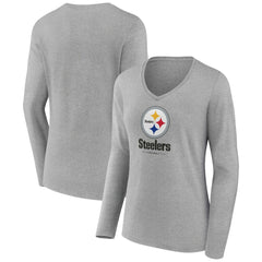 Pittsburgh Steelers Women's Logo Team Lockup Long Sleeve V-Neck T-Shirt - Heather Gray - NFL