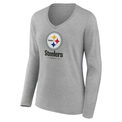 Pittsburgh Steelers Women's Logo Team Lockup Long Sleeve V-Neck T-Shirt - Heather Gray - NFL