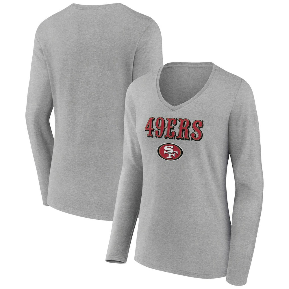 San Francisco 49ers Women's Logo Team Lockup Long Sleeve V-Neck T-Shirt - Heather Gray - NFL