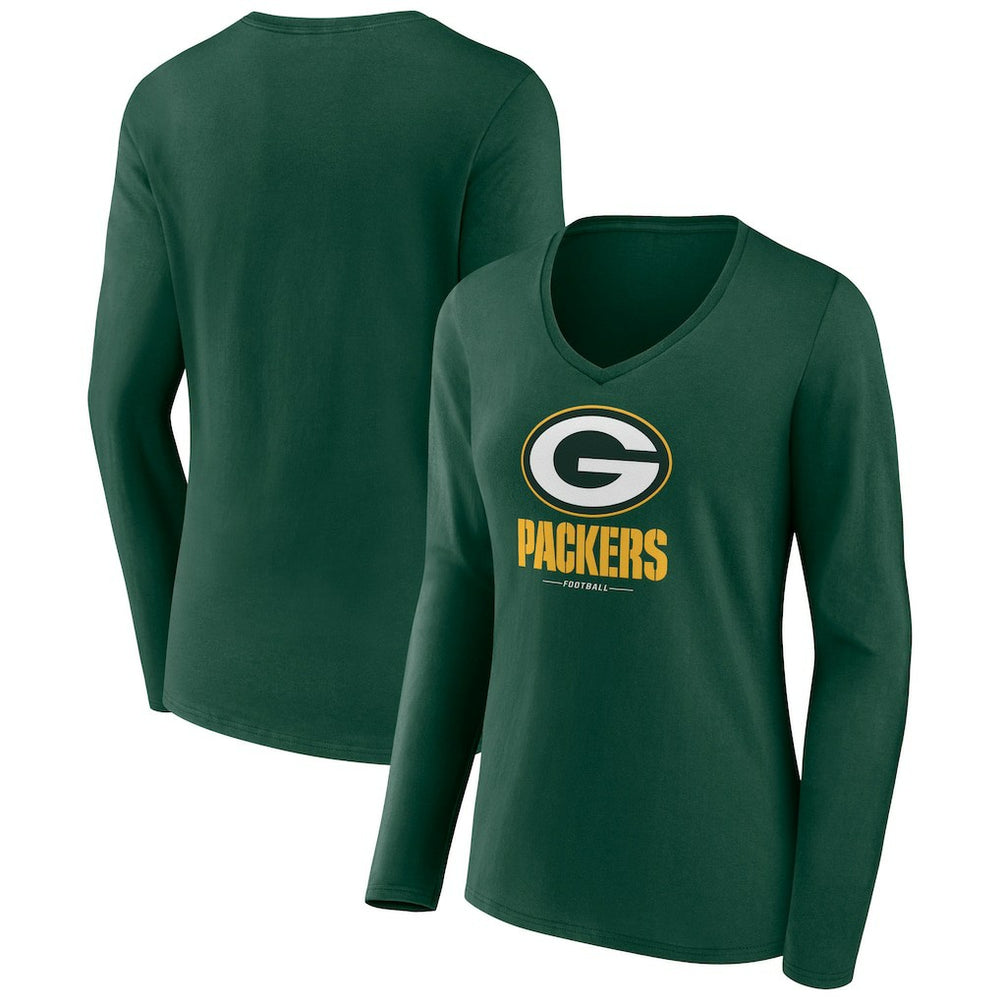 Green Bay Packers Women's Logo Team Lockup Long Sleeve V-Neck T-Shirt - Green - NFL