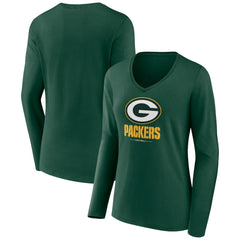 Green Bay Packers Women's Logo Team Lockup Long Sleeve V-Neck T-Shirt - Green - NFL