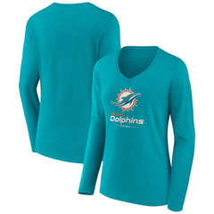 Miami Dolphins Women's Logo Team Lockup Long Sleeve V-Neck T-Shirt - Aqua - NFL