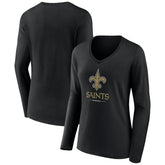 New Orleans Saints Women's Logo Team Lockup Long Sleeve V-Neck T-Shirt - Black - NFL