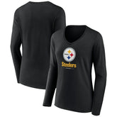 Pittsburgh Steelers Women's Logo Team Lockup Long Sleeve V-Neck T-Shirt - Black - NFL