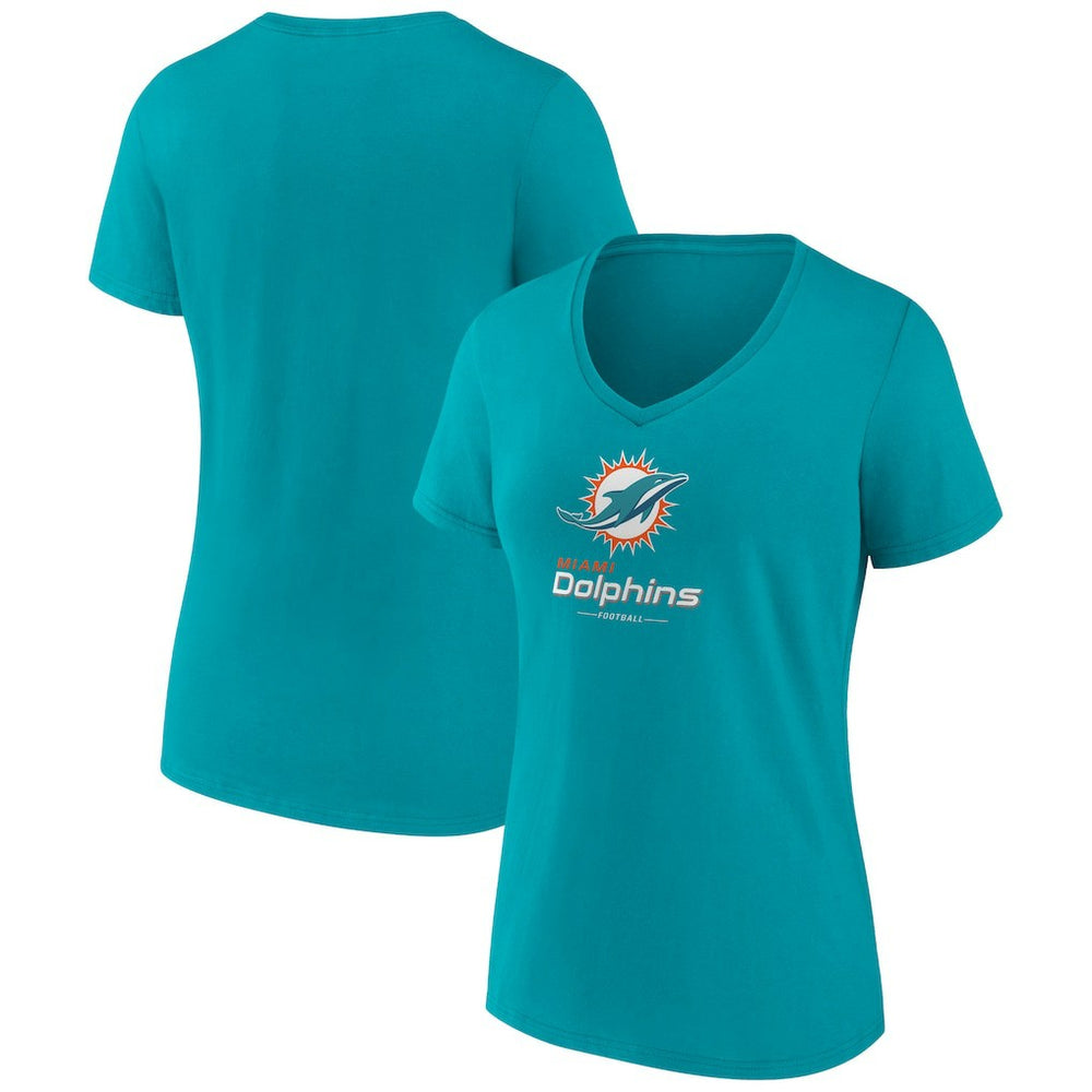 Miami Dolphins Women's Logo Team Lockup V-Neck T-Shirt - Aqua - NFL