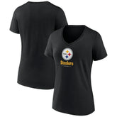 Pittsburgh Steelers Women's Logo Team Lockup V-Neck T-Shirt - Black - NFL