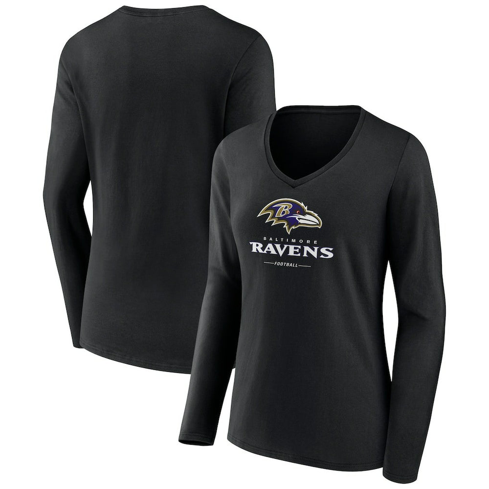 Baltimore Ravens Women's Logo Team Lockup Long Sleeve V-Neck T-Shirt - Black - NFL