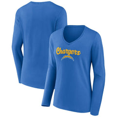 Los Angeles Chargers Women's Freehand Team Long Sleeve V-Neck T-Shirt - Powder Blue - NFL