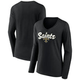 New Orleans Saints Women's Freehand Team Long Sleeve V-Neck T-Shirt - Black - NFL