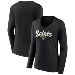 New Orleans Saints Women's Freehand Team Long Sleeve V-Neck T-Shirt - Black - NFL