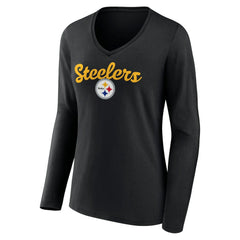 Pittsburgh Steelers Women's Freehand Team Long Sleeve V-Neck T-Shirt - Black - NFL