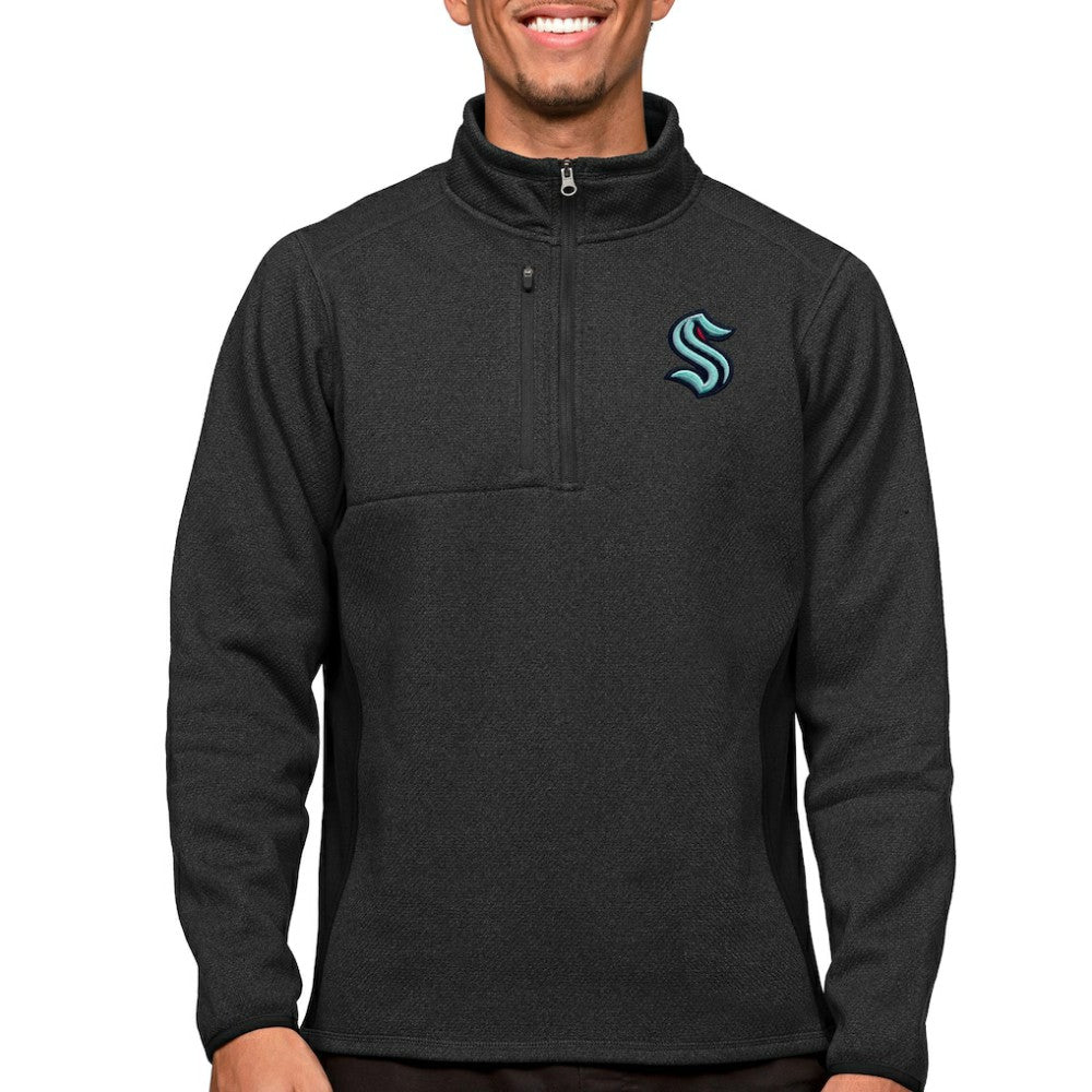 Seattle Kraken Antigua Course Quarter-Zip Pullover Top - Heather Black | NHL Lifestyle