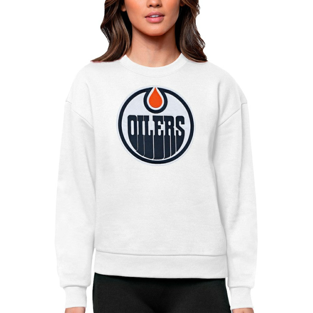 Edmonton Oilers Antigua Women's Team Logo Victory Crewneck Pullover Sweatshirt - White | NHL Clearance