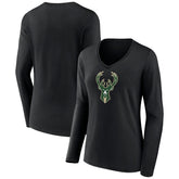 Milwaukee Bucks Women's Logo Long Sleeve V-Neck T-Shirt Black