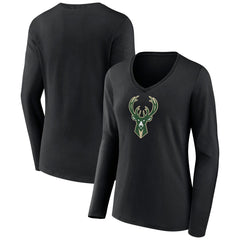 Milwaukee Bucks Women's Logo Long Sleeve V-Neck T-Shirt Black