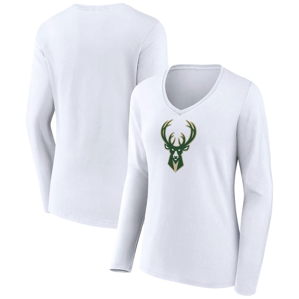 Milwaukee Bucks Women's Logo Long Sleeve V-Neck T-Shirt White