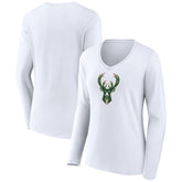Milwaukee Bucks Women's Logo Long Sleeve V-Neck T-Shirt White
