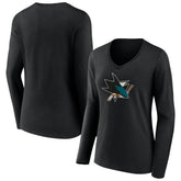 San Jose Sharks Women's Team Logo Long Sleeve V-Neck T-Shirt - Black | NHL near me