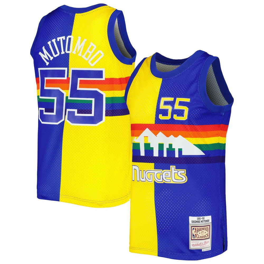 Mitchell & Ness Dikembe Mutombo Denver Nuggets Hardwood Classics 1991/92 Split Swingman Jersey Royal/Gold
