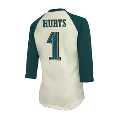 Jalen Hurts Philadelphia Eagles Majestic Threads Women's Player Raglan Name & Number Fitted 3/4-Sleeve T-Shirt - Cream/Green - NFL