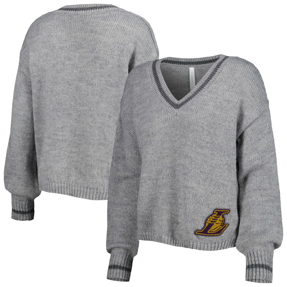 Los Angeles Lakers Lusso Women's Scarletts Lantern Sleeve Tri-Blend V-Neck Pullover Sweater Gray