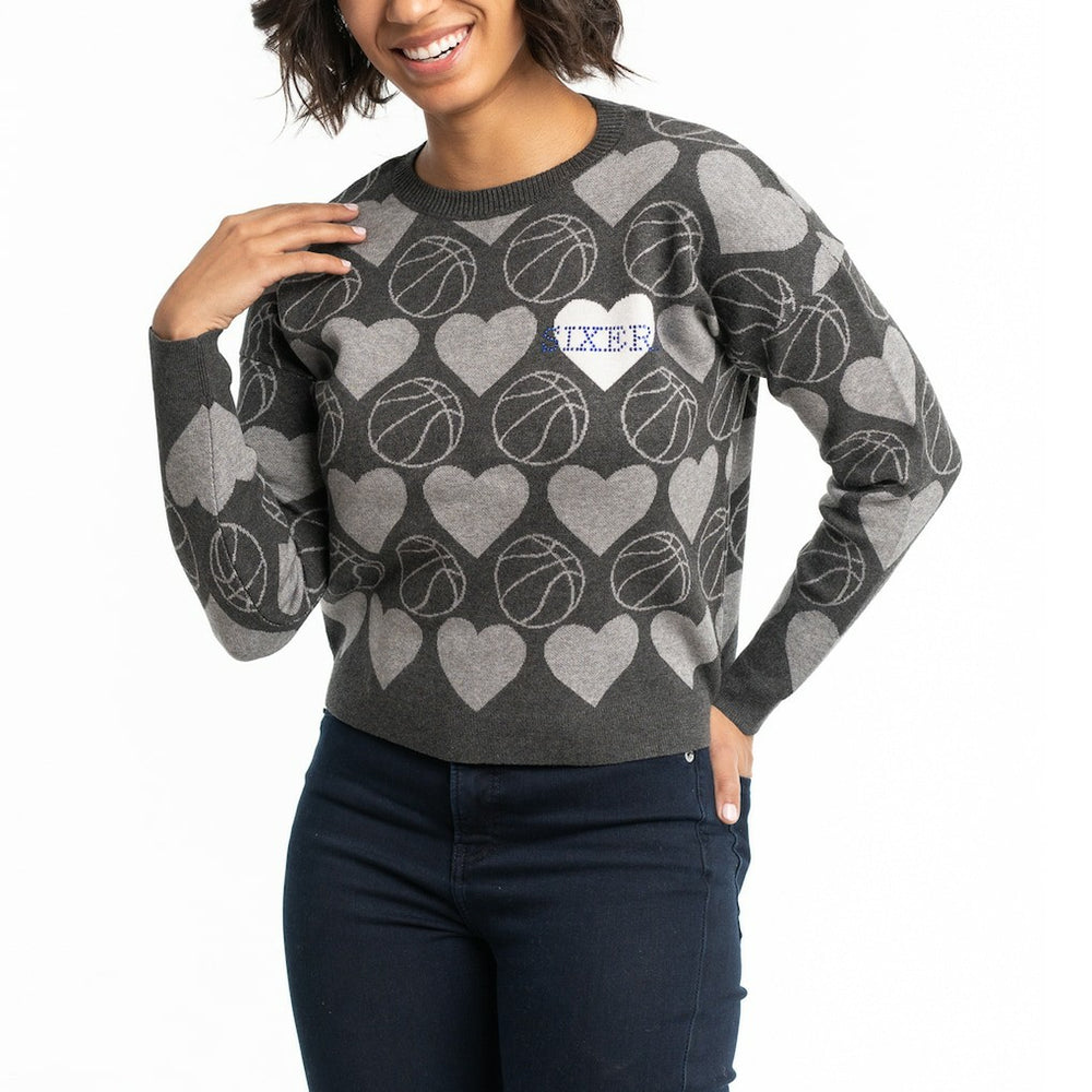 Philadelphia 76ers Lusso Women's Basketball Love Swarovski Crystal Intarsia Pullover Sweater Charcoal