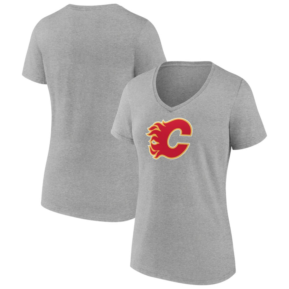 Calgary Flames Women's Primary Logo Team V-Neck T-Shirt - Heather Gray | NHL Clearance