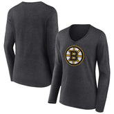 Boston Bruins Women's Primary Team Logo Long Sleeve V-Neck T-Shirt - Heather Charcoal | NHL Lifestyle