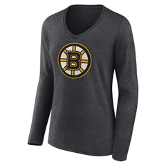 Boston Bruins Women's Primary Team Logo Long Sleeve V-Neck T-Shirt - Heather Charcoal | NHL Lifestyle