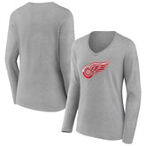 Detroit Red Wings Women's Primary Logo Team Long Sleeve V-Neck T-Shirt - Heather Gray | NHL Clearance