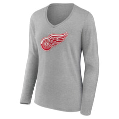 Detroit Red Wings Women's Primary Logo Team Long Sleeve V-Neck T-Shirt - Heather Gray | NHL Clearance